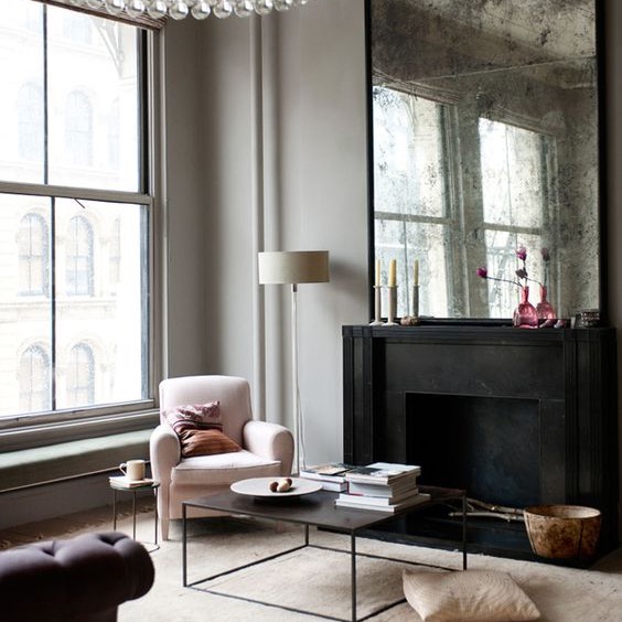 Living Room black mirror blush sofa fireplace
